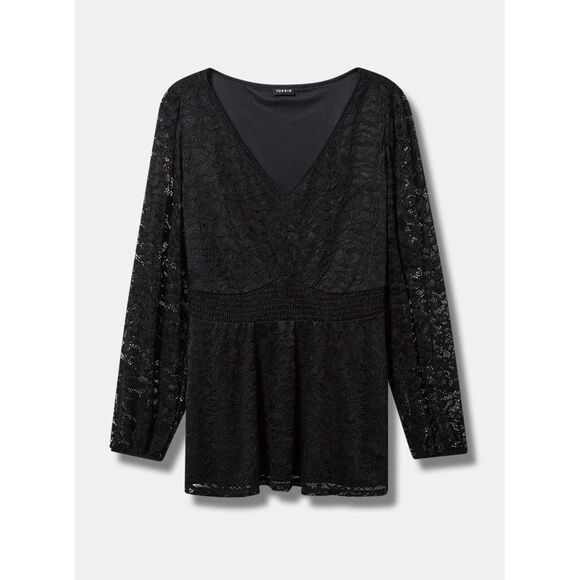 NWT Torrid 0 Black Stretch Lace V-Neck Smocked Waist Long Sleeve Babydoll Top - Picture 6 of 9
